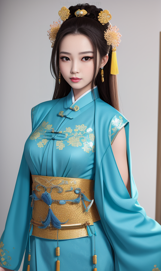 AI绘画国风美女青蓝色服饰第3组，可作为现代汉服设计的思路哦