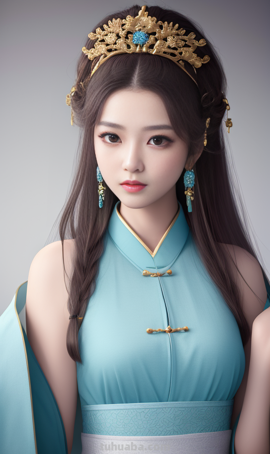 AI绘画国风美女青蓝色服饰第3组，可作为现代汉服设计的思路哦
