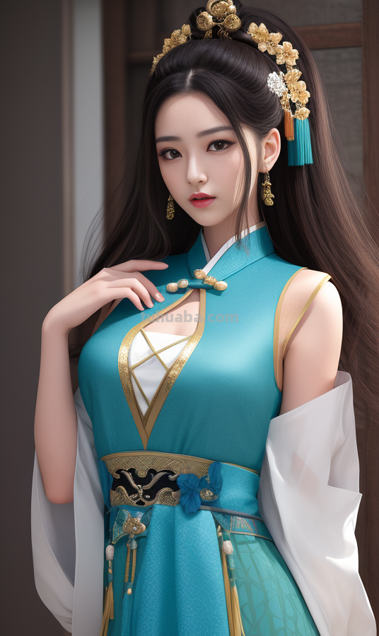 AI绘画国风美女青蓝色服饰第3组，可作为现代汉服设计的思路哦