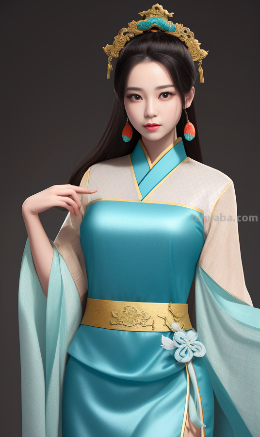 AI绘画国风美女青蓝色服饰第3组，可作为现代汉服设计的思路哦