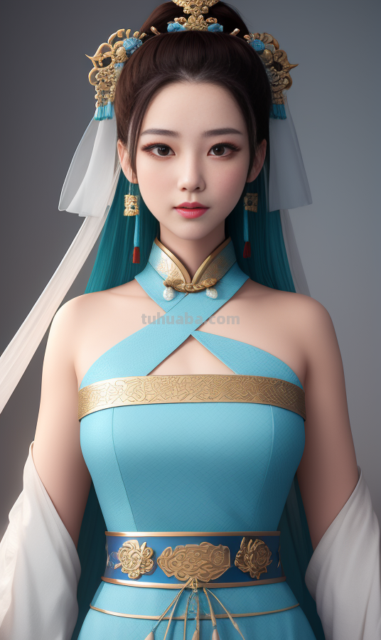 AI绘画国风美女青蓝色服饰第3组，可作为现代汉服设计的思路哦