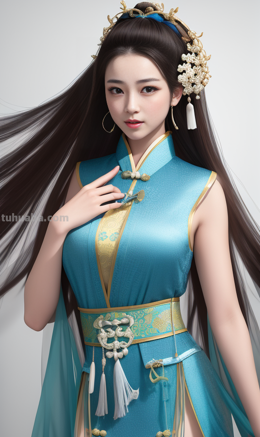 AI绘画国风美女青蓝色服饰第3组，可作为现代汉服设计的思路哦