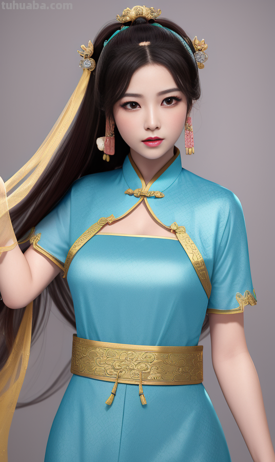 AI绘画国风美女青蓝色服饰第3组，可作为现代汉服设计的思路哦