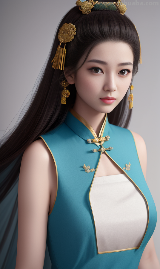 AI绘画国风美女青蓝色服饰第3组，可作为现代汉服设计的思路哦