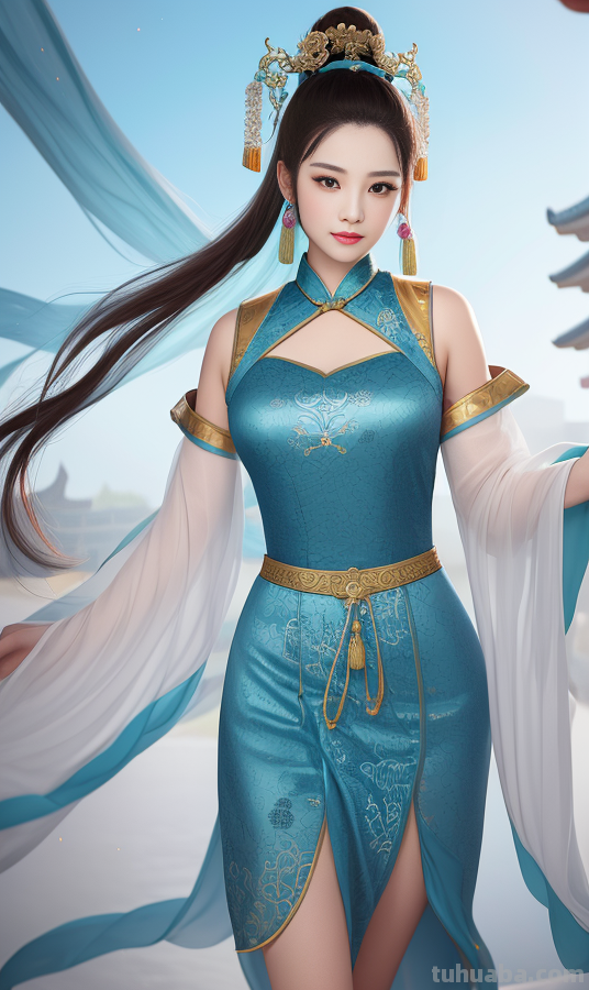 AI绘画国风美女青蓝色服饰第3组，可作为现代汉服设计的思路哦
