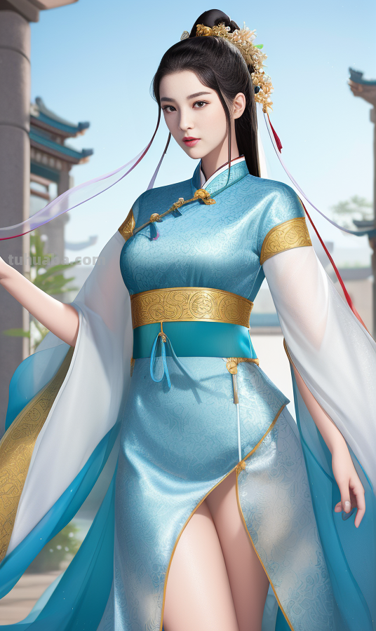 AI绘画国风美女青蓝色服饰第3组，可作为现代汉服设计的思路哦