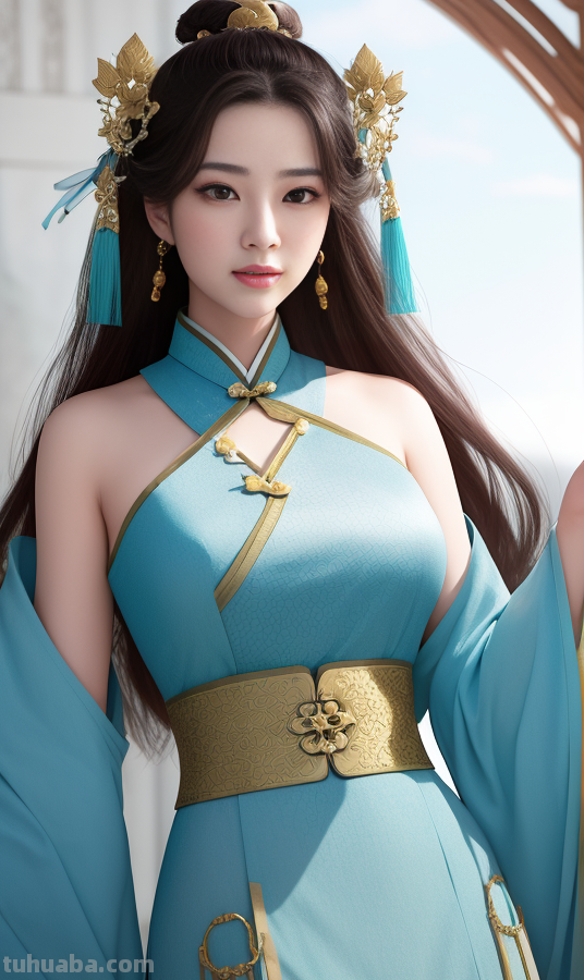 AI绘画国风美女青蓝色服饰第3组，可作为现代汉服设计的思路哦