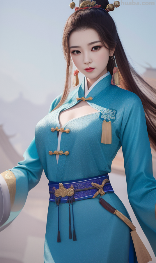 AI绘画国风美女青蓝色服饰第3组，可作为现代汉服设计的思路哦