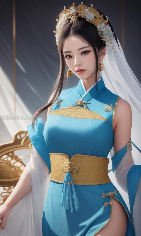 AI绘画国风美女青蓝色服饰第3组，可作为现代汉服设计的思路哦