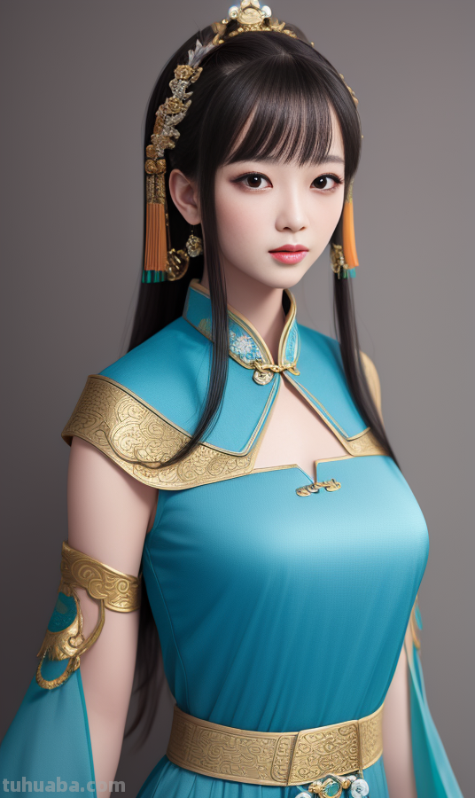 AI绘画国风美女青蓝色服饰第3组，可作为现代汉服设计的思路哦