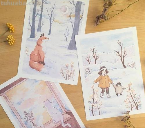 一组清新治愈的水彩手绘插画作品，每一个画面都很温暖