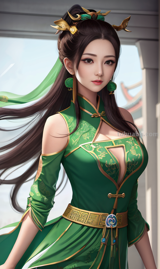 AI绘画国风美女绿色系列服饰第2组，可作为现代汉服设计的思路哦