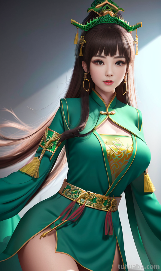 AI绘画国风美女绿色系列服饰第2组，可作为现代汉服设计的思路哦
