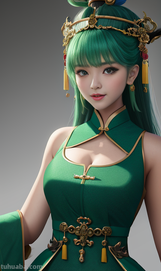 AI绘画国风美女绿色系列服饰第2组，可作为现代汉服设计的思路哦