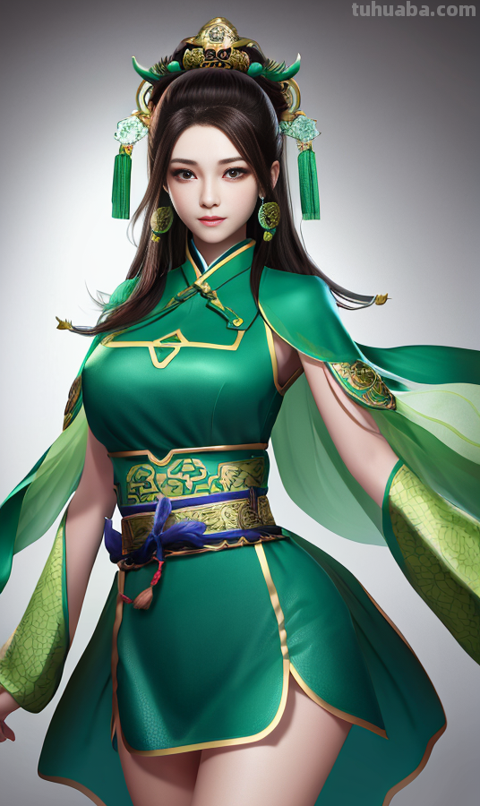 AI绘画国风美女绿色系列服饰第2组，可作为现代汉服设计的思路哦