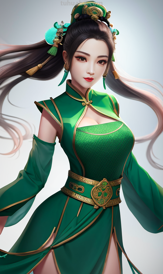 AI绘画国风美女绿色系列服饰第2组，可作为现代汉服设计的思路哦