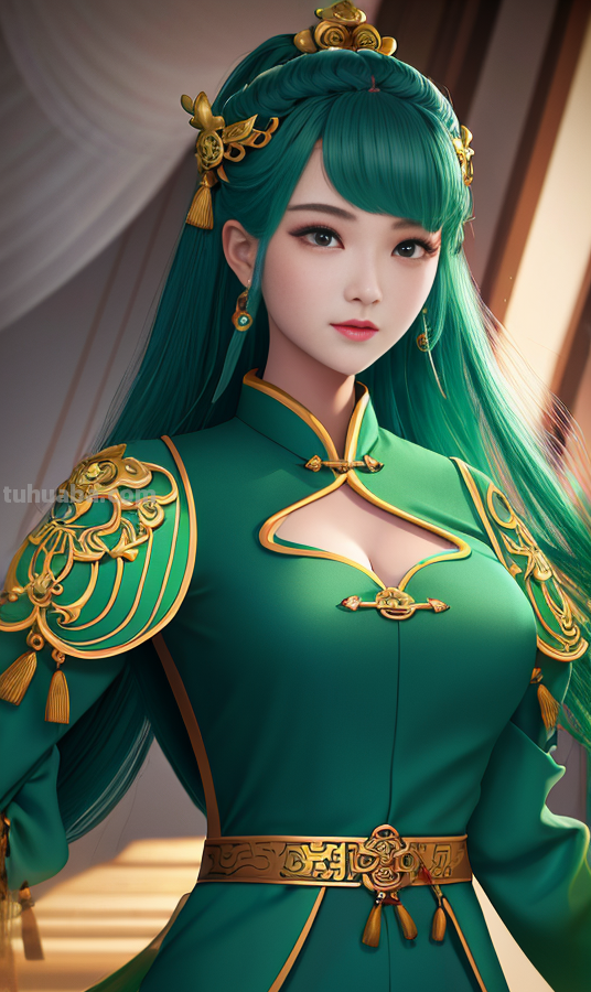 AI绘画国风美女绿色系列服饰第2组，可作为现代汉服设计的思路哦