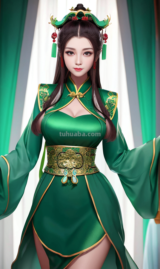AI绘画国风美女绿色系列服饰第2组，可作为现代汉服设计的思路哦