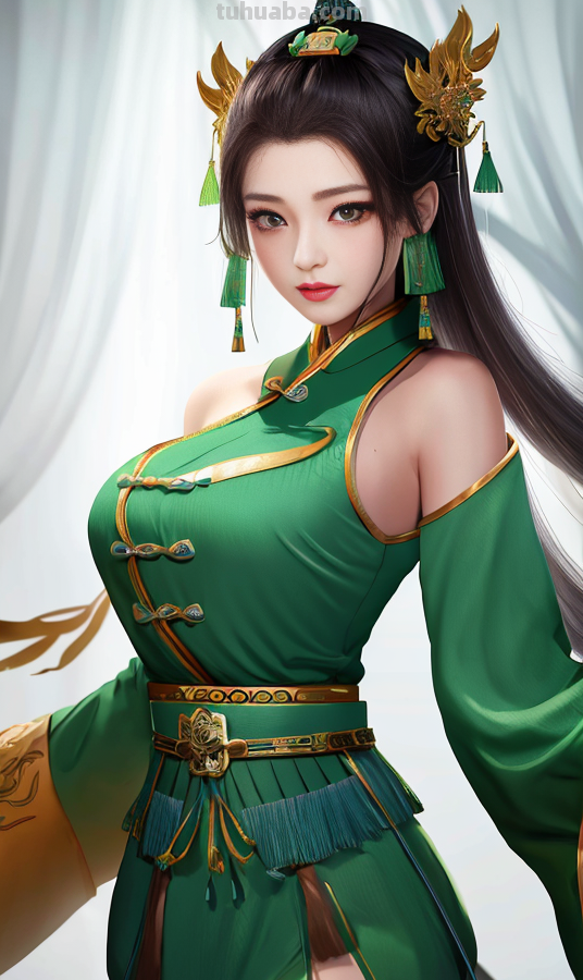 AI绘画国风美女绿色系列服饰第2组，可作为现代汉服设计的思路哦