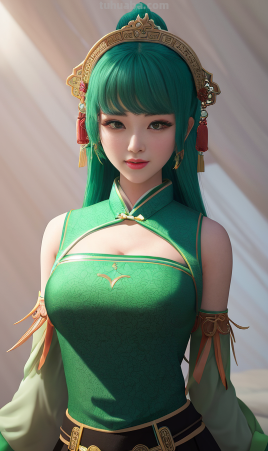AI绘画国风美女绿色系列服饰第2组，可作为现代汉服设计的思路哦