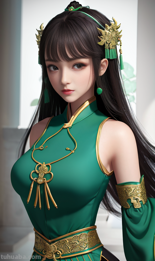 AI绘画国风美女绿色系列服饰第2组，可作为现代汉服设计的思路哦