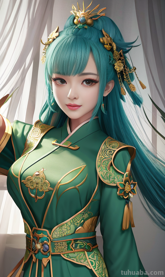 AI绘画国风美女绿色系列服饰第2组，可作为现代汉服设计的思路哦