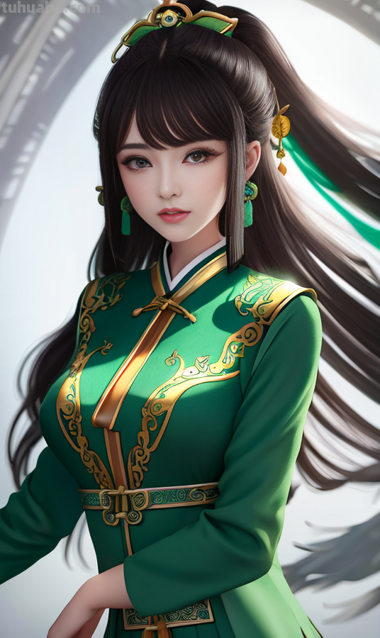 AI绘画国风美女绿色系列服饰第2组，可作为现代汉服设计的思路哦