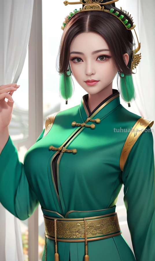 AI绘画国风美女绿色系列服饰第2组，可作为现代汉服设计的思路哦