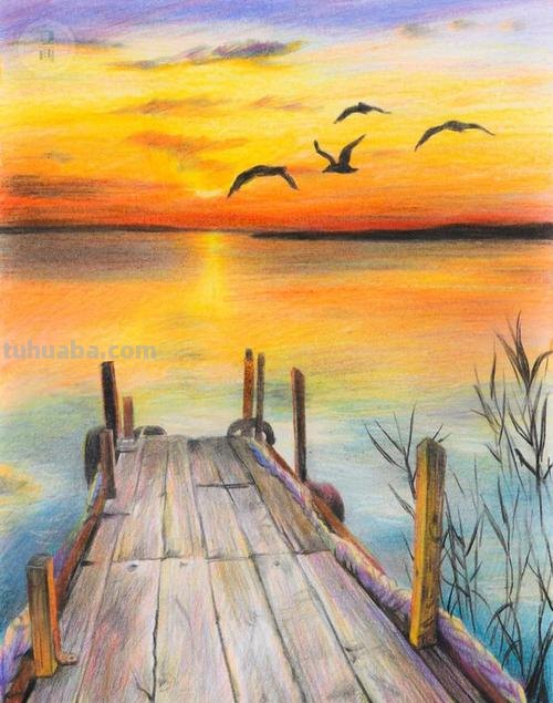 彩铅风景｜江畔黄昏，细腻唯美的彩铅画，简单易学