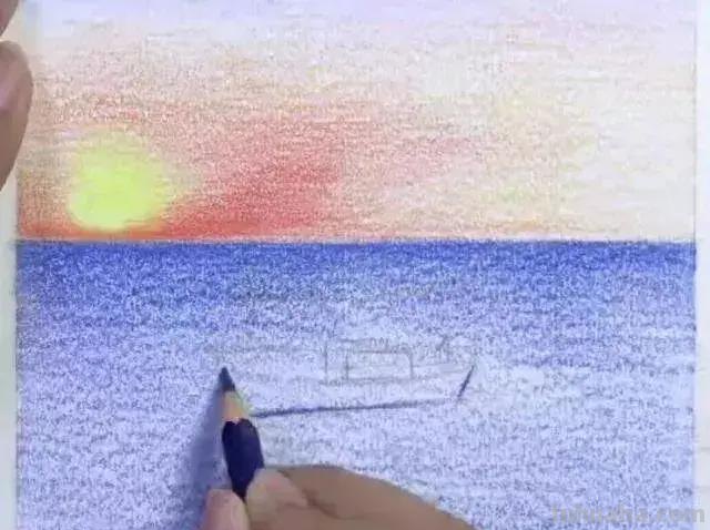 彩铅风景｜江畔黄昏，细腻唯美的彩铅画，简单易学