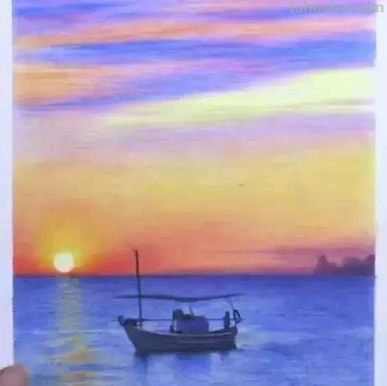 彩铅风景｜江畔黄昏，细腻唯美的彩铅画，简单易学