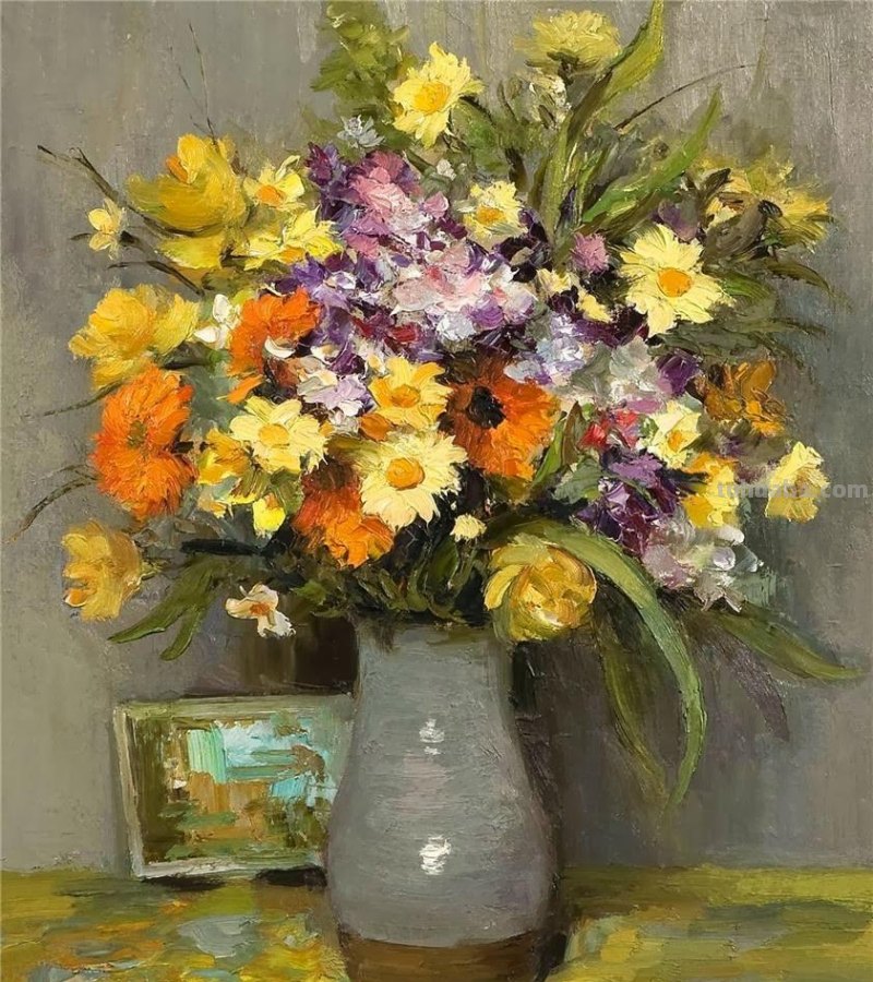 静物花束油画欣赏，法国印象派画家Marcel Dyf