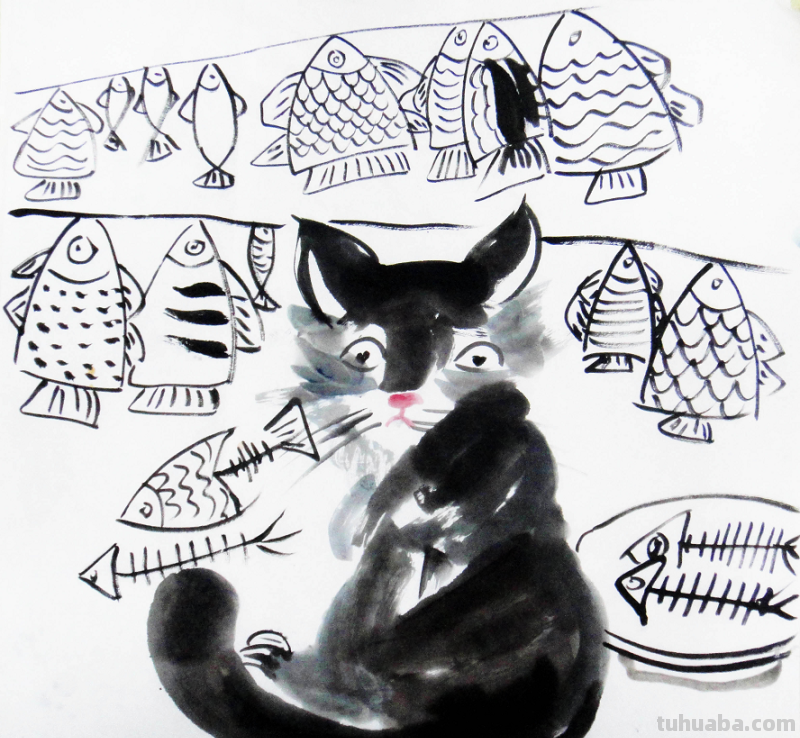 儿童创意美术课题《馋嘴的猫咪》，水墨画确实漂亮又写意啊！