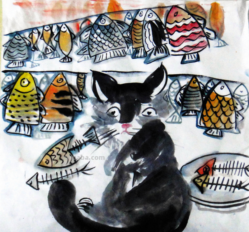 儿童创意美术课题《馋嘴的猫咪》，水墨画确实漂亮又写意啊！