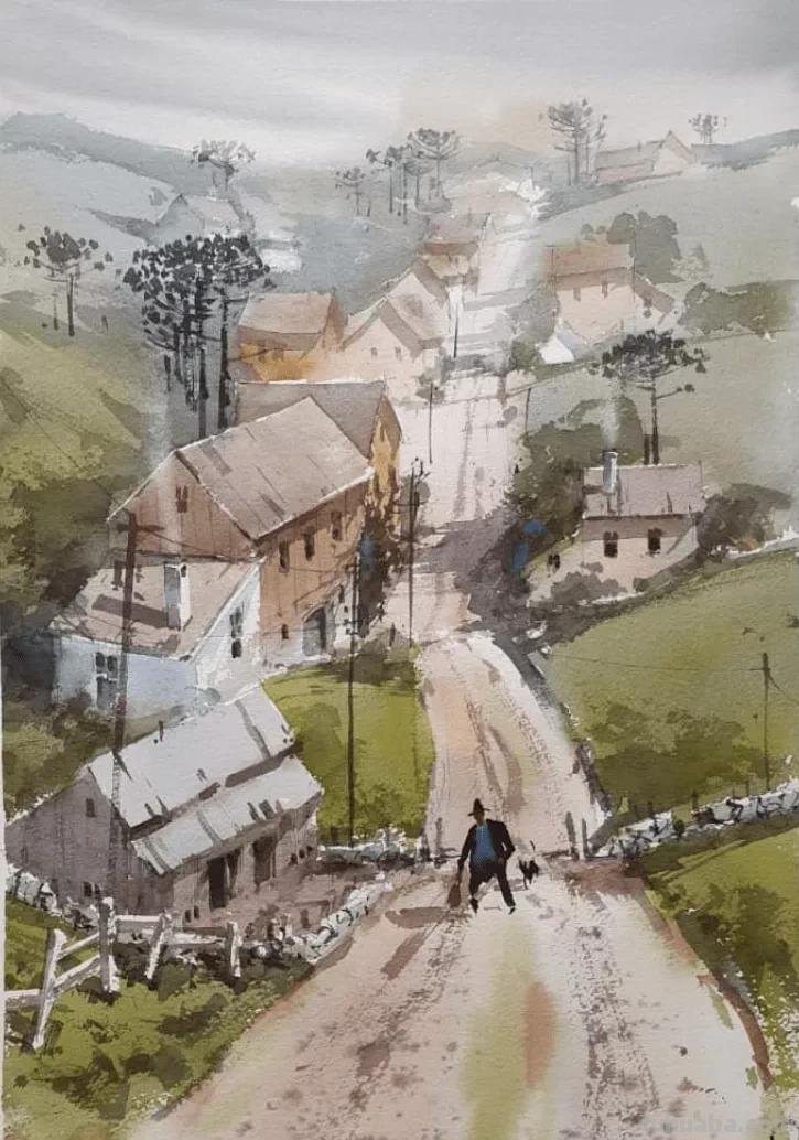 漫步小镇风光 - 巴西画家安东尼奥·贾科明风景水彩画作品欣赏