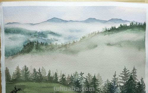 远山、云雾、近树,88个步骤教你画一幅水彩风景
