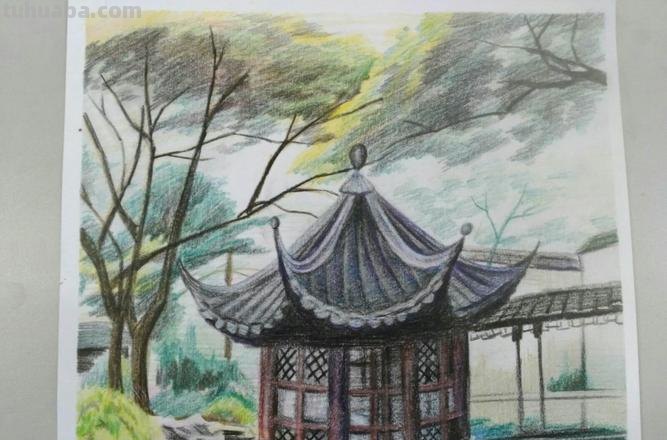 彩铅亭子怎么画简单 初学者彩铅画步骤？