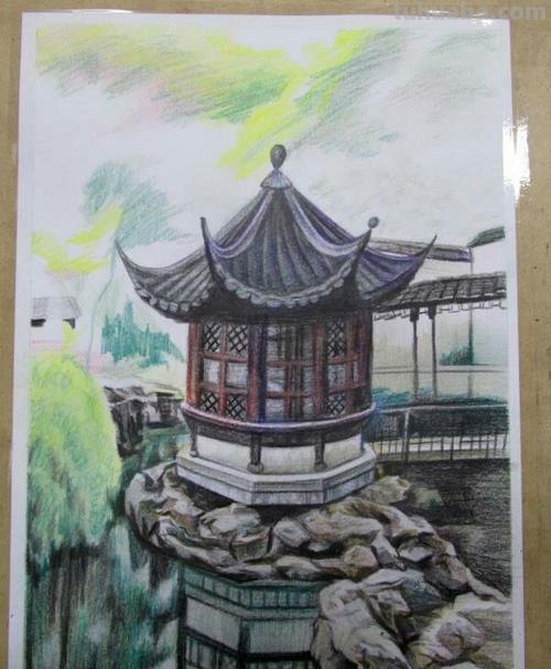 彩铅亭子怎么画简单 初学者彩铅画步骤？