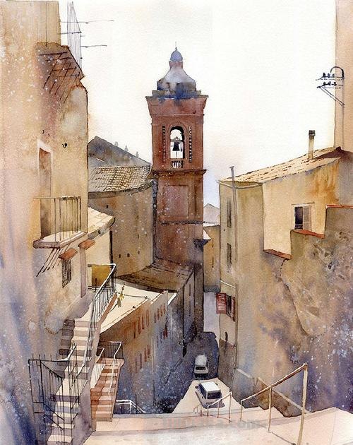 清丽自然的水彩建筑插画,阴影及光线运用另视觉聚焦,技法高超