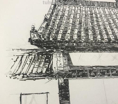 古代速写场景 怎样画古建筑中的瓦片（速写中的）？