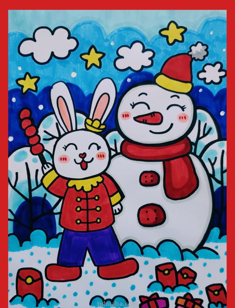 动物主题儿童画，冬季主题画，兔年主题画，儿童小动物简笔画