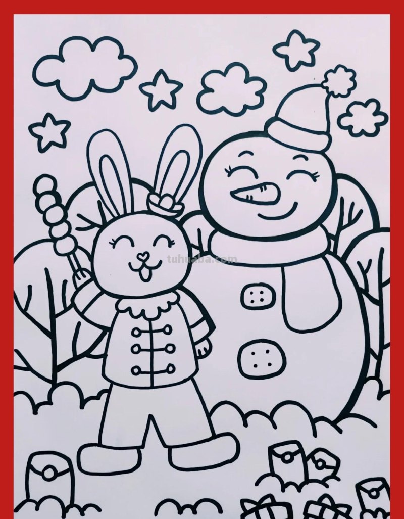 动物主题儿童画，冬季主题画，兔年主题画，儿童小动物简笔画