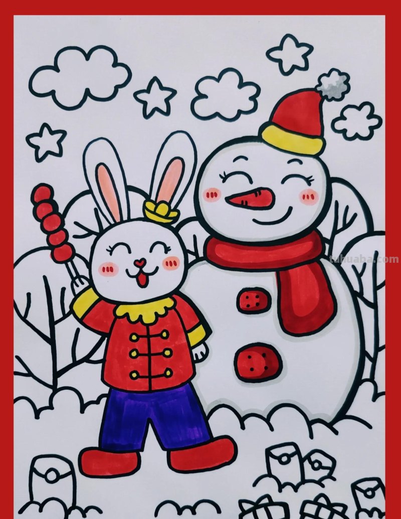动物主题儿童画，冬季主题画，兔年主题画，儿童小动物简笔画