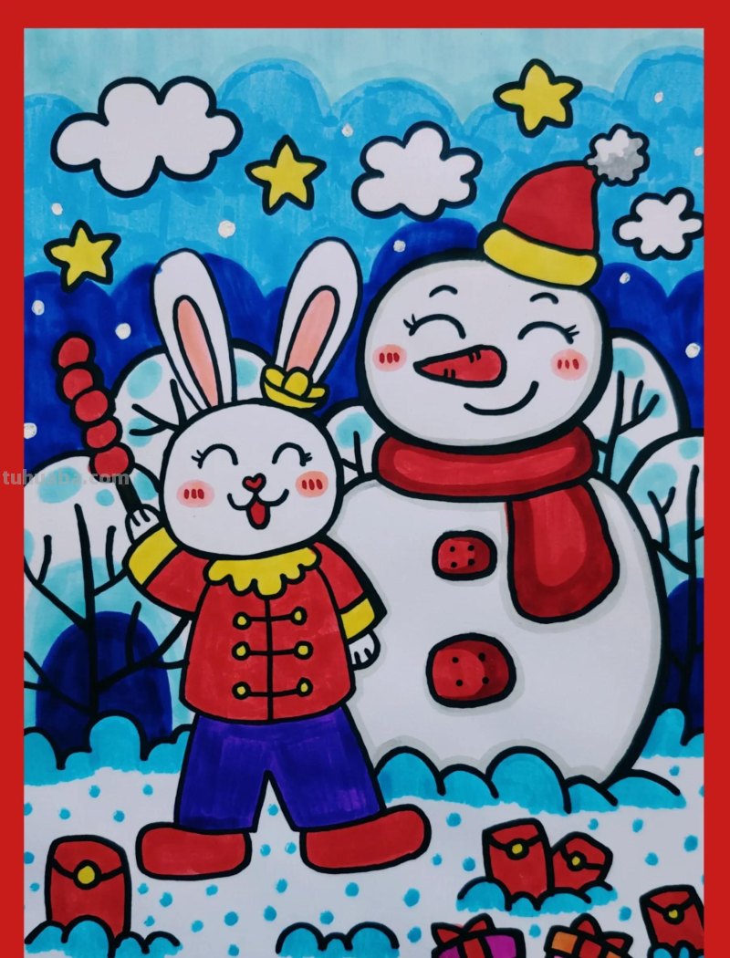 动物主题儿童画，冬季主题画，兔年主题画，儿童小动物简笔画