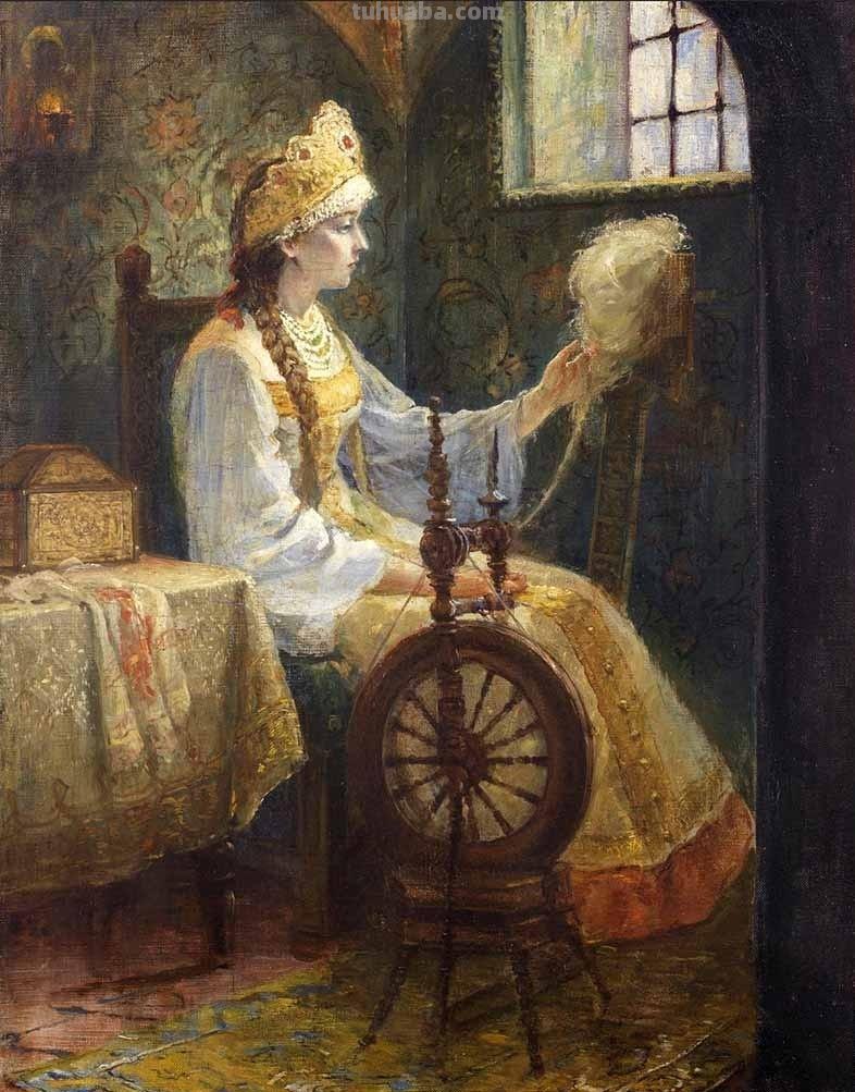 古代纺车与织娘油画欣赏-系列专题人物绘画作品集