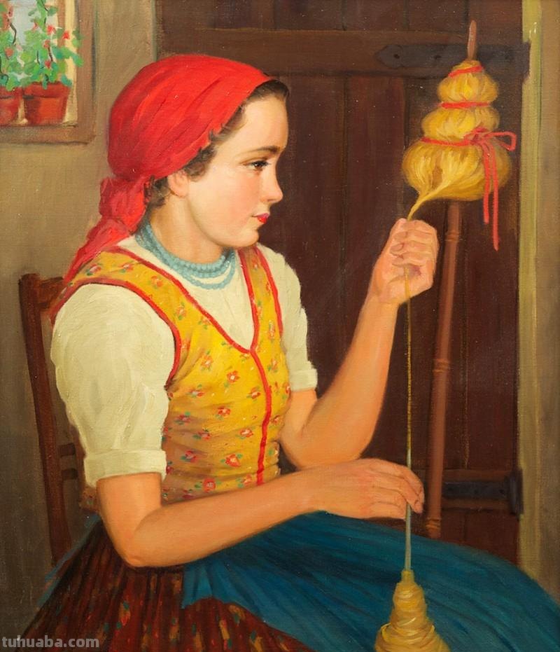 古代纺车与织娘油画欣赏-系列专题人物绘画作品集
