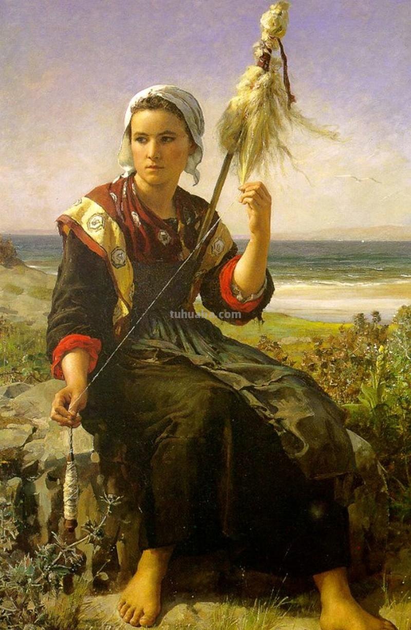 古代纺车与织娘油画欣赏-系列专题人物绘画作品集