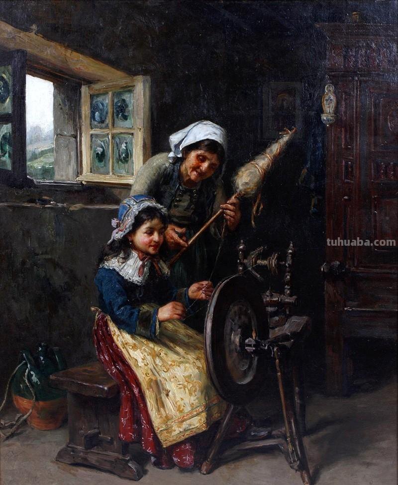 古代纺车与织娘油画欣赏-系列专题人物绘画作品集