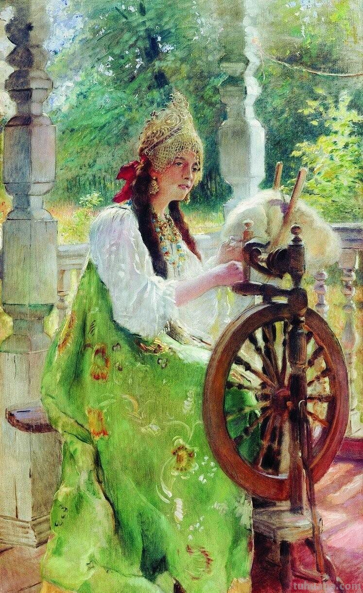 古代纺车与织娘油画欣赏-系列专题人物绘画作品集