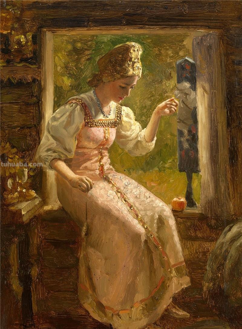 古代纺车与织娘油画欣赏-系列专题人物绘画作品集
